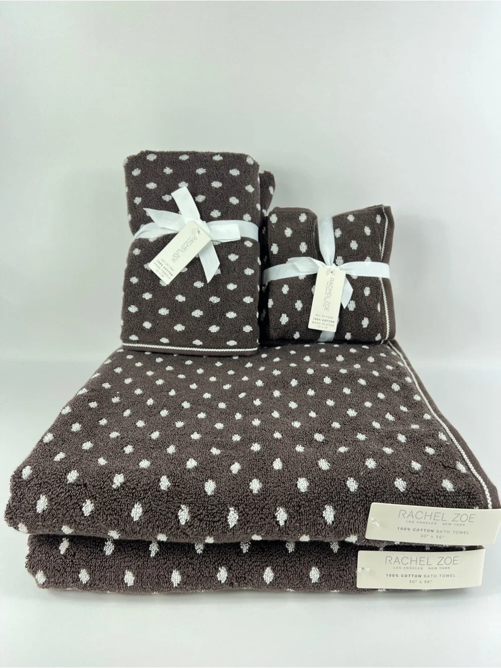 Rachel Zoe Bath Towel Set Brown Off White Polka Dots Soft 100% Cotton 8 Pc NEW